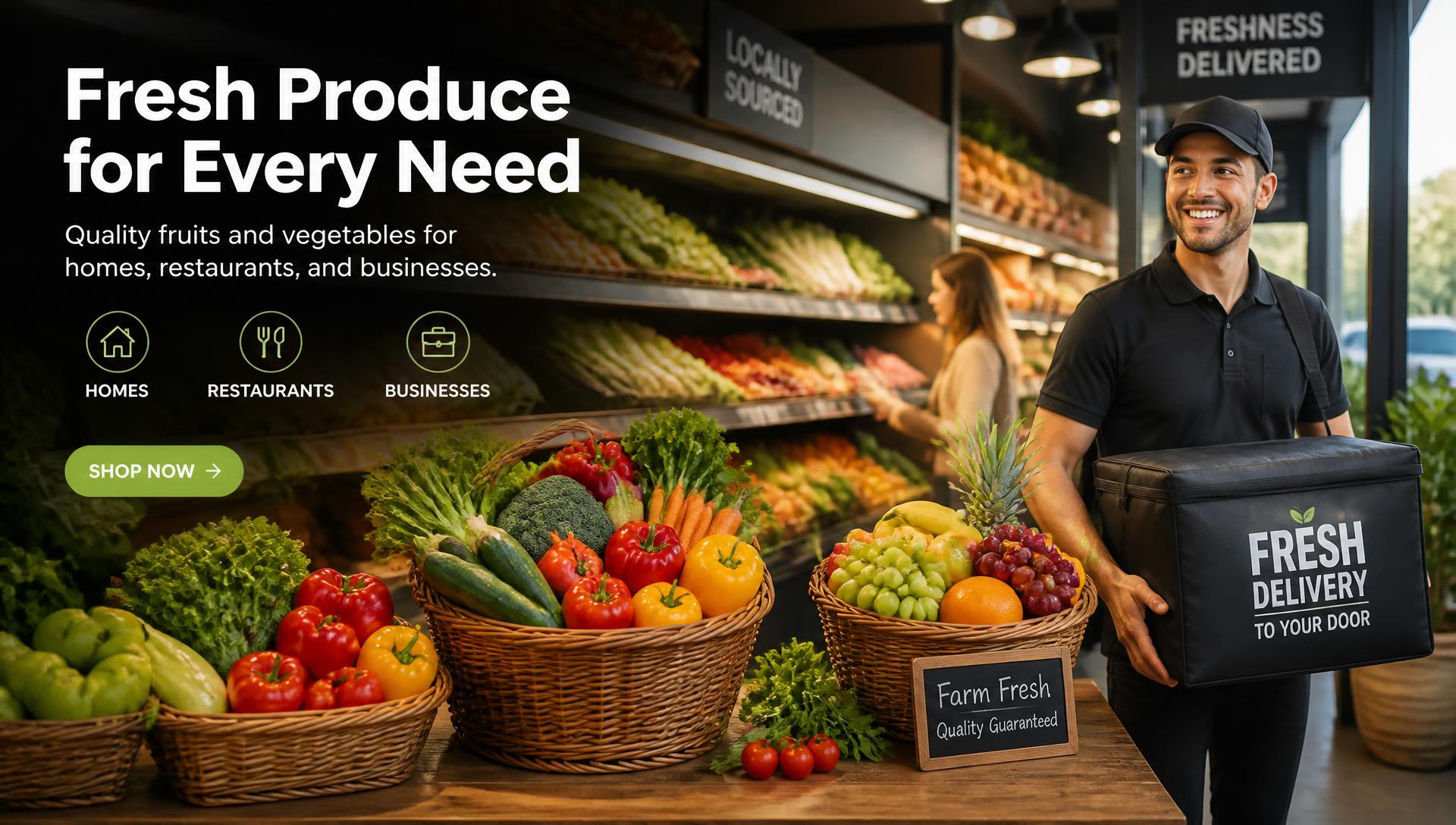 Grocery baskets, supermarket aisle and restaurant delivery
